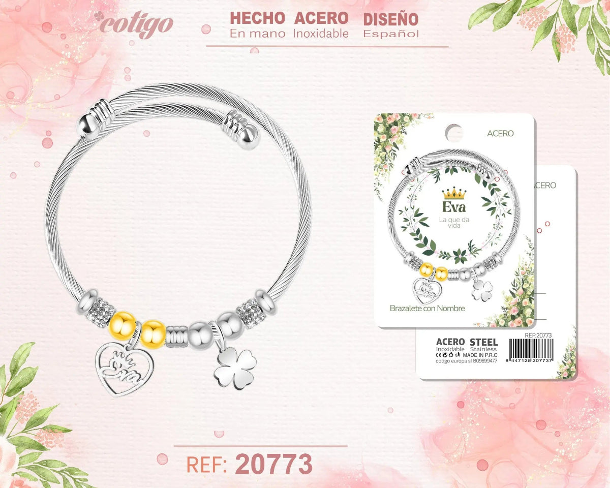 Brazalete rígido de acero inoxidable estilo cable trenzado con el nombre Eva, colgante de corazón, trébol de la suerte y detalles brillantes.
