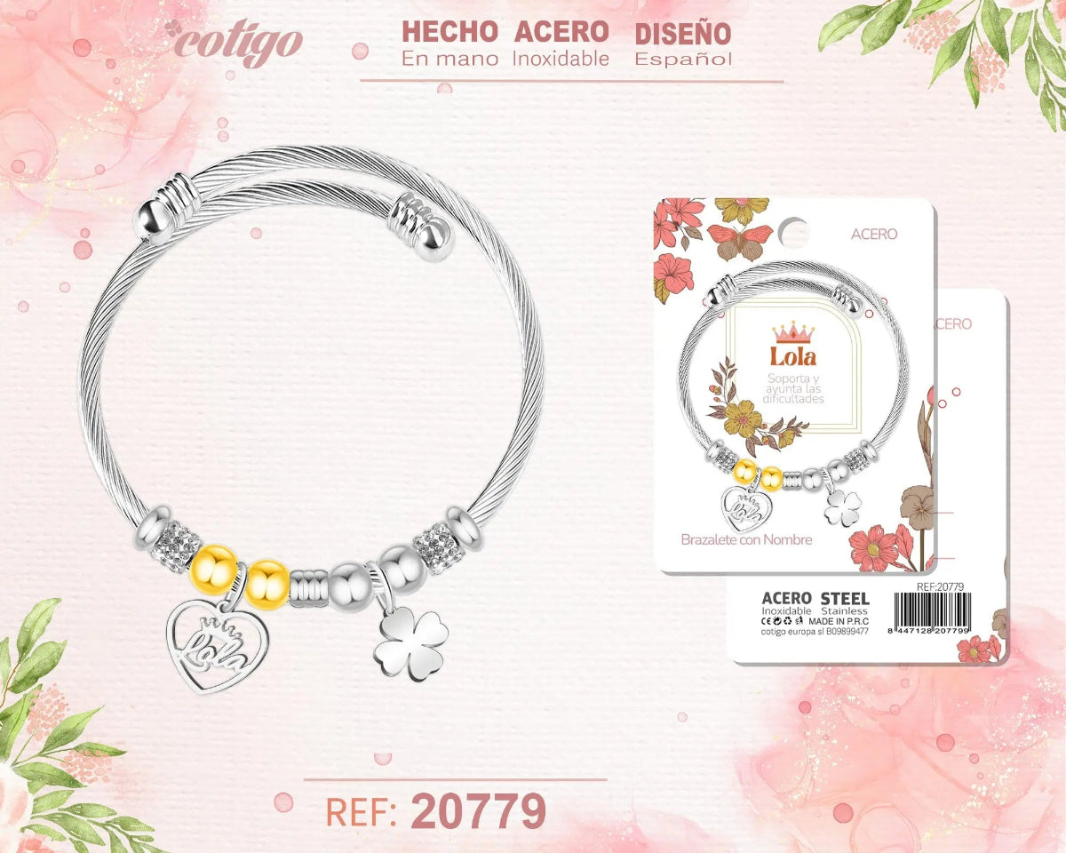 Brazalete rígido de acero inoxidable estilo cable trenzado con el nombre Lola, colgante de corazón, trébol de la suerte y detalles brillantes.