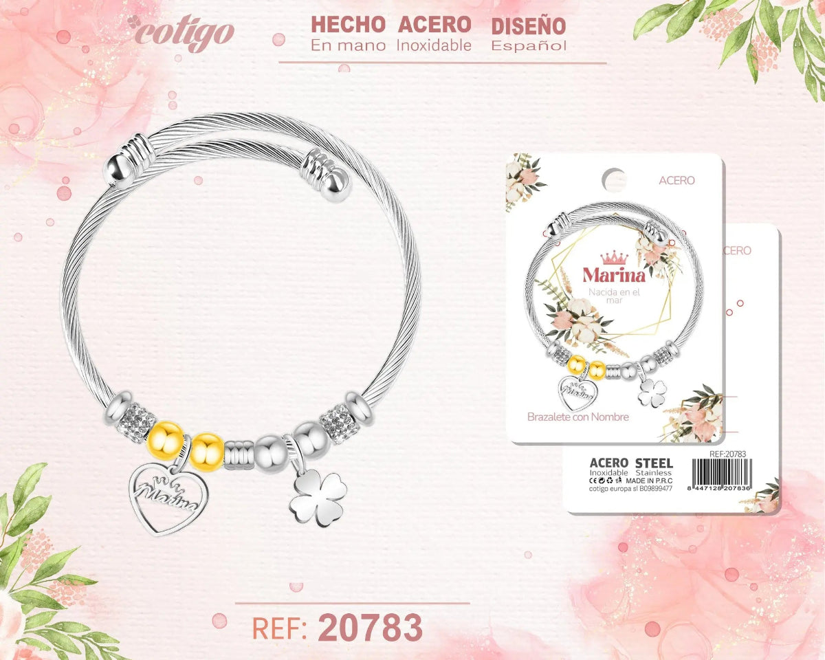 Brazalete rígido de acero inoxidable estilo cable trenzado con el nombre Marina, colgante de corazón, trébol de la suerte y detalles brillantes.