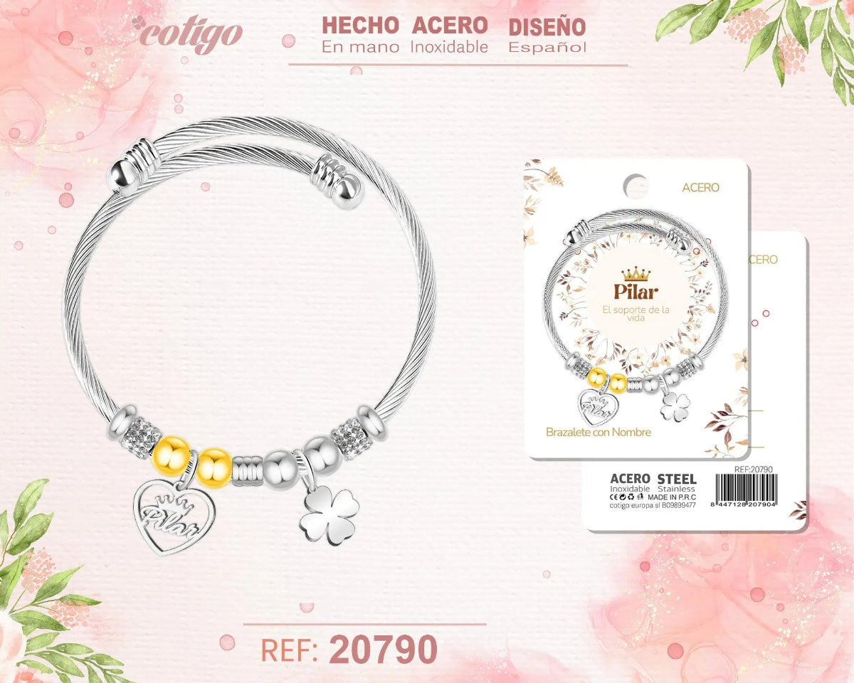 Brazalete de acero inoxidable estilo cable trenzado con nombre Pilar, dijes de corazón y trébol de la suerte con cuentas brillantes.