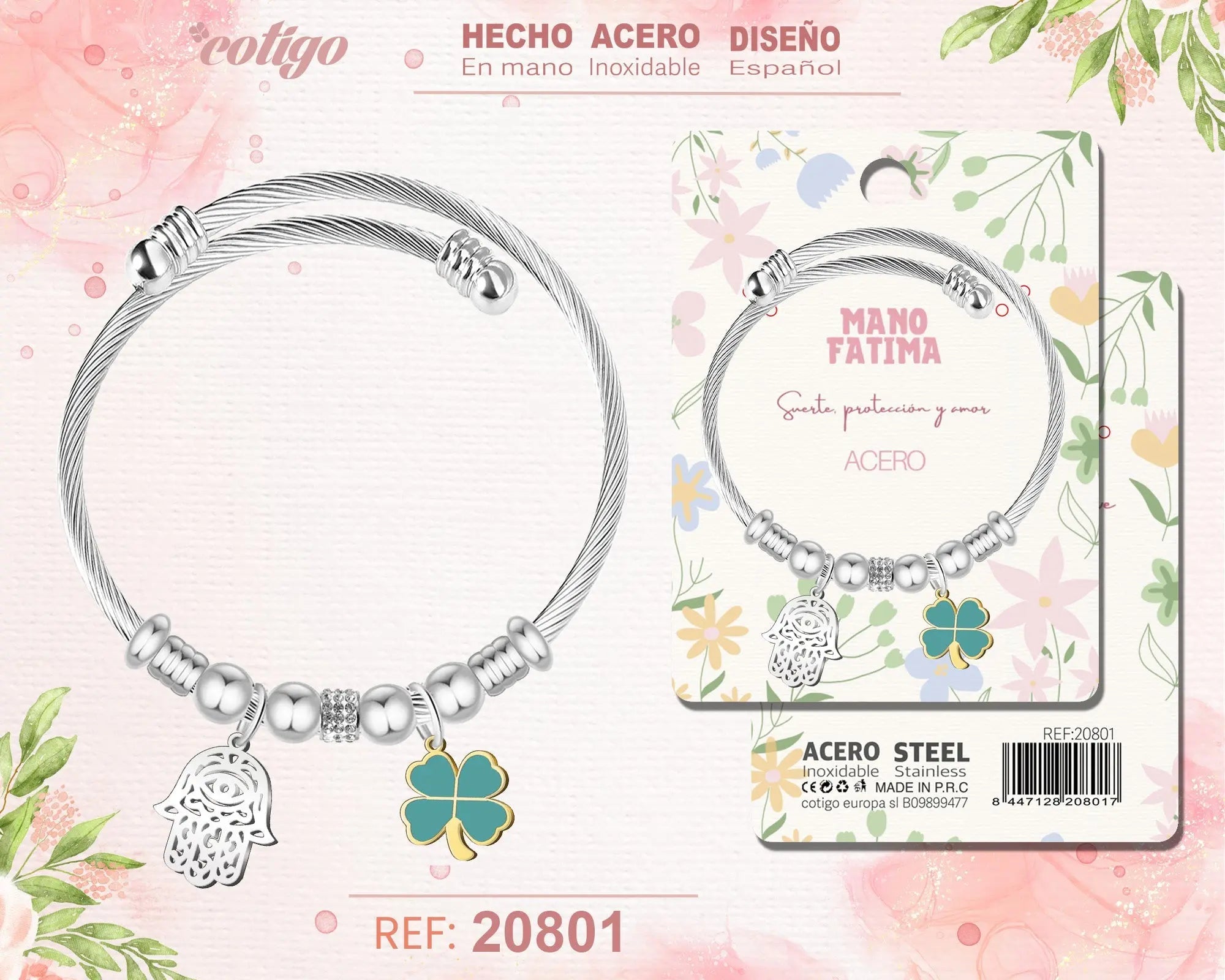 Brazalete Acero con: Mano Fatima - cotigo