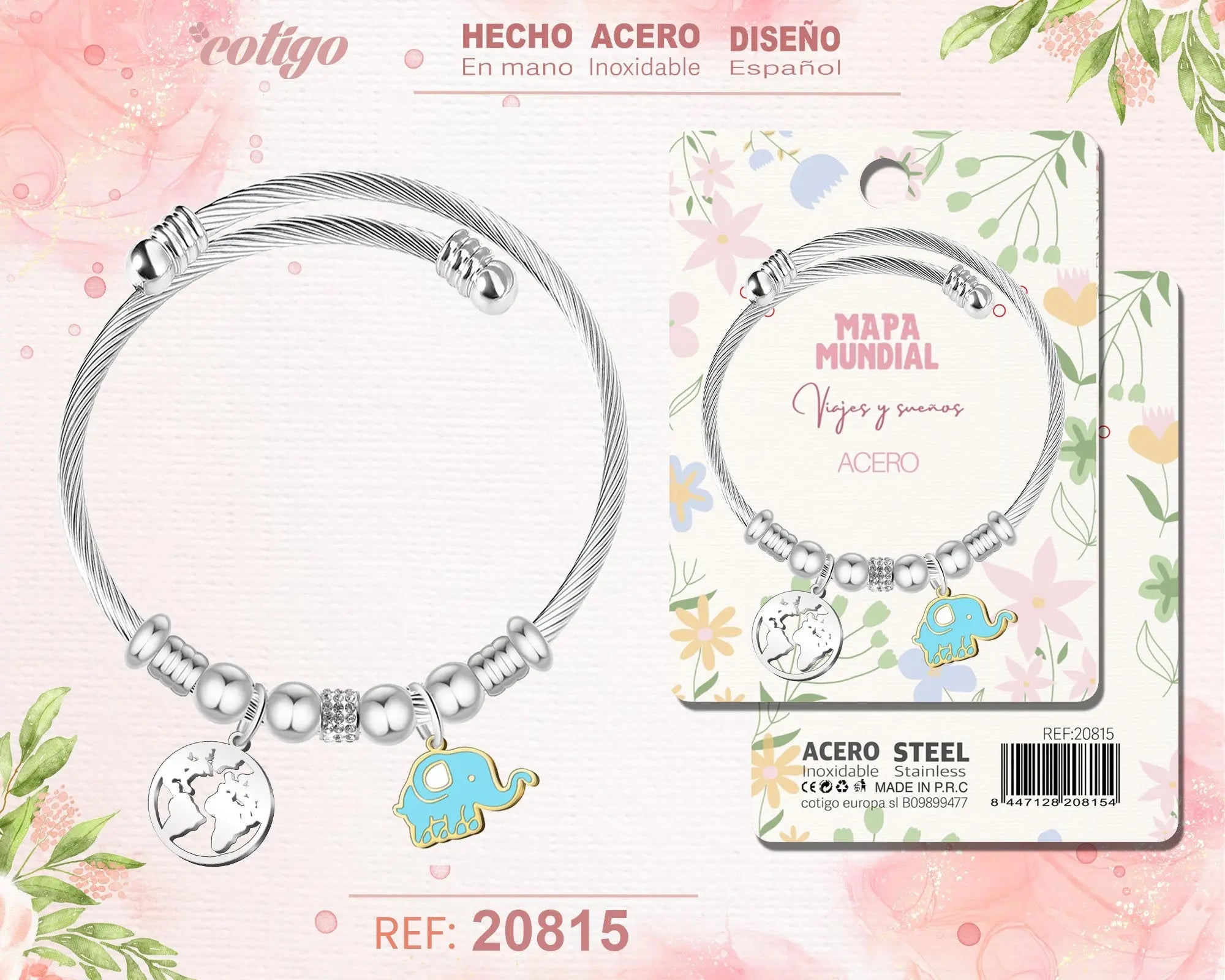 Brazalete Acero con: Mapa Mundial - cotigo
