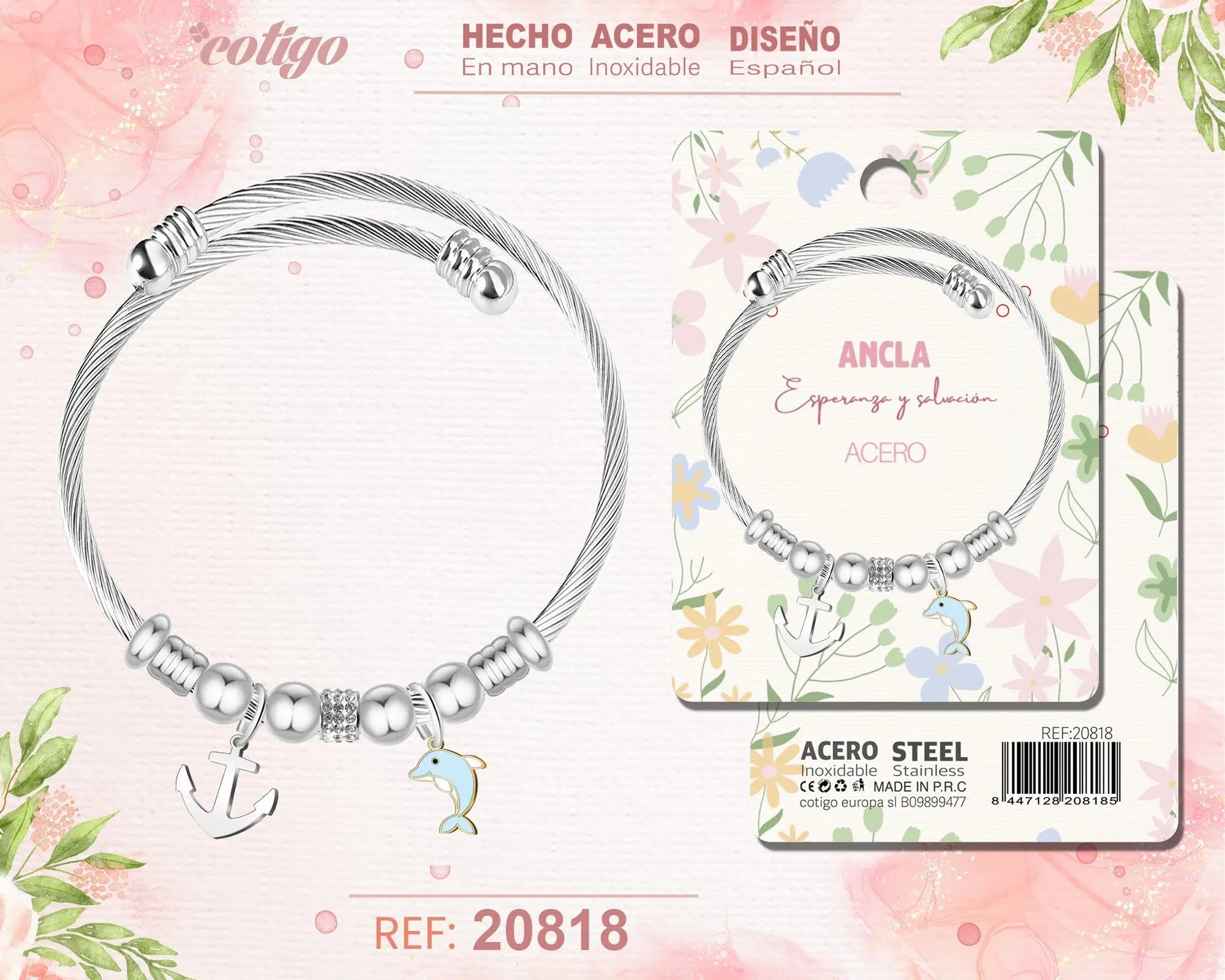 Brazalete Acero con: Ancla - cotigo