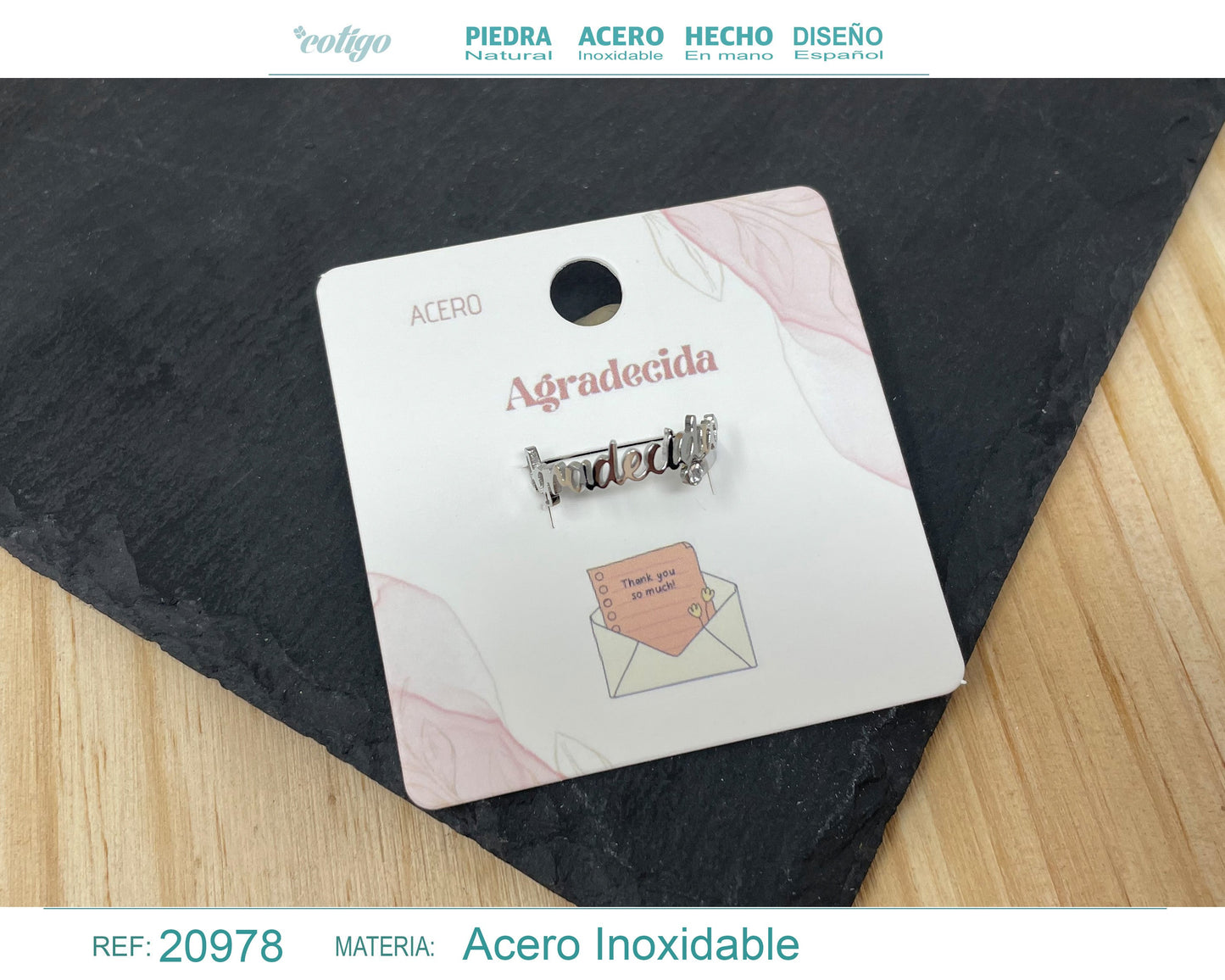 Anillo con palabra "Agradecida" Acero color Plateado