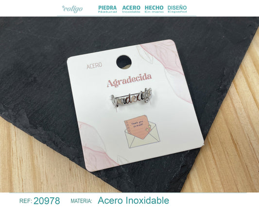 Anillo con palabra "Agradecida" Acero color Plateado