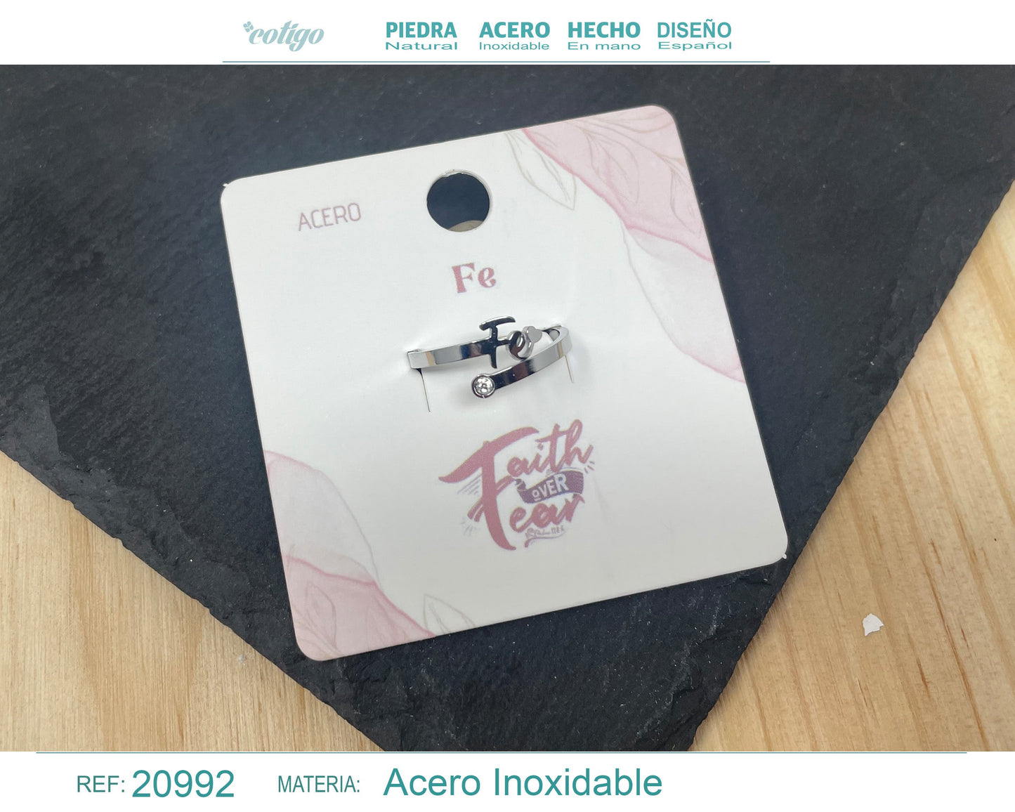 Anel com a palavra "Fé" Aço prateado