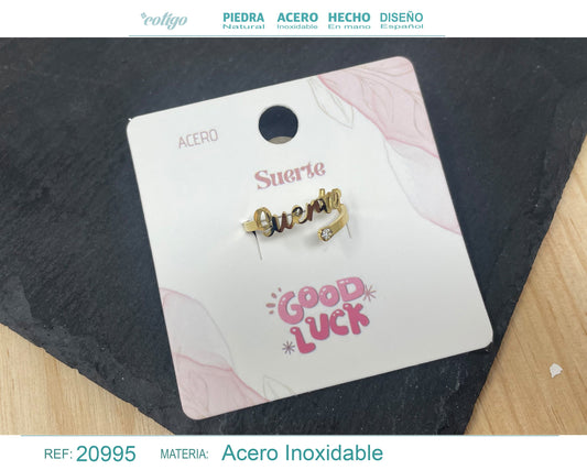 Anillo con palabra "Suerte" Acero color Dorado