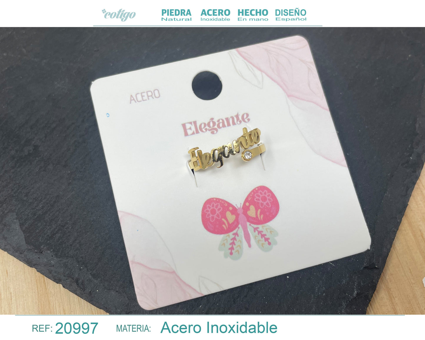 Anel com a palavra "Elegante" Aço dourado
