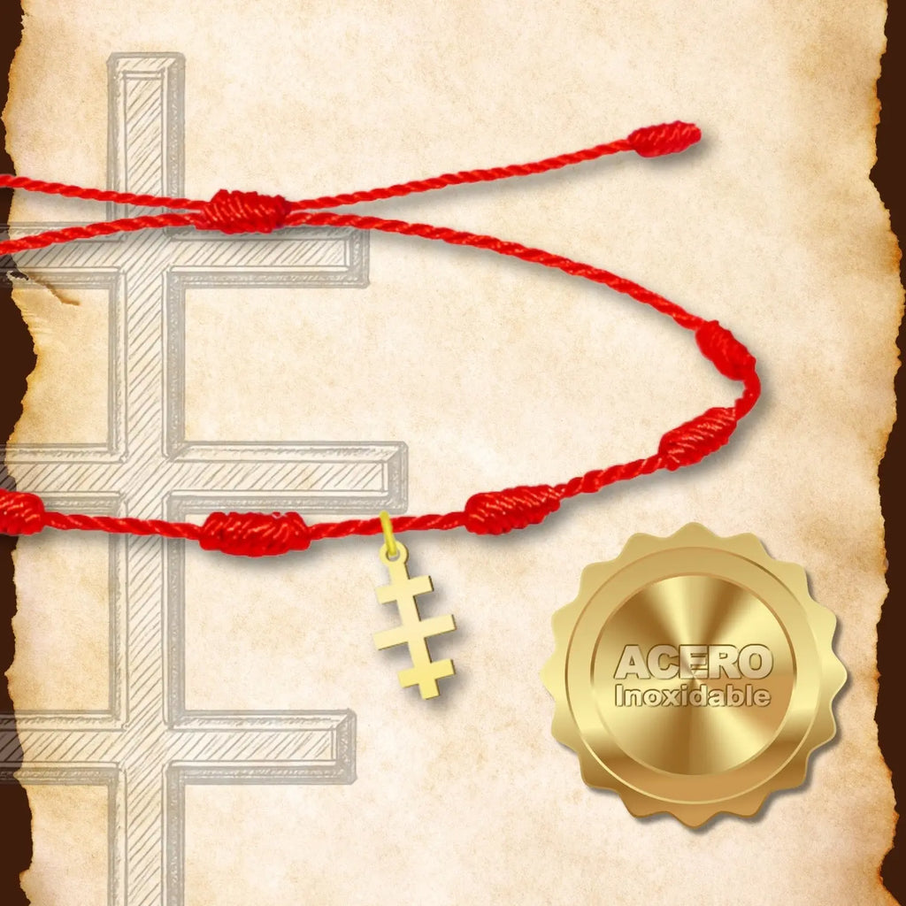 Pulsera 7 Nudos Hilo Rojo con Cruz de las Catacumbas Dorada acabado