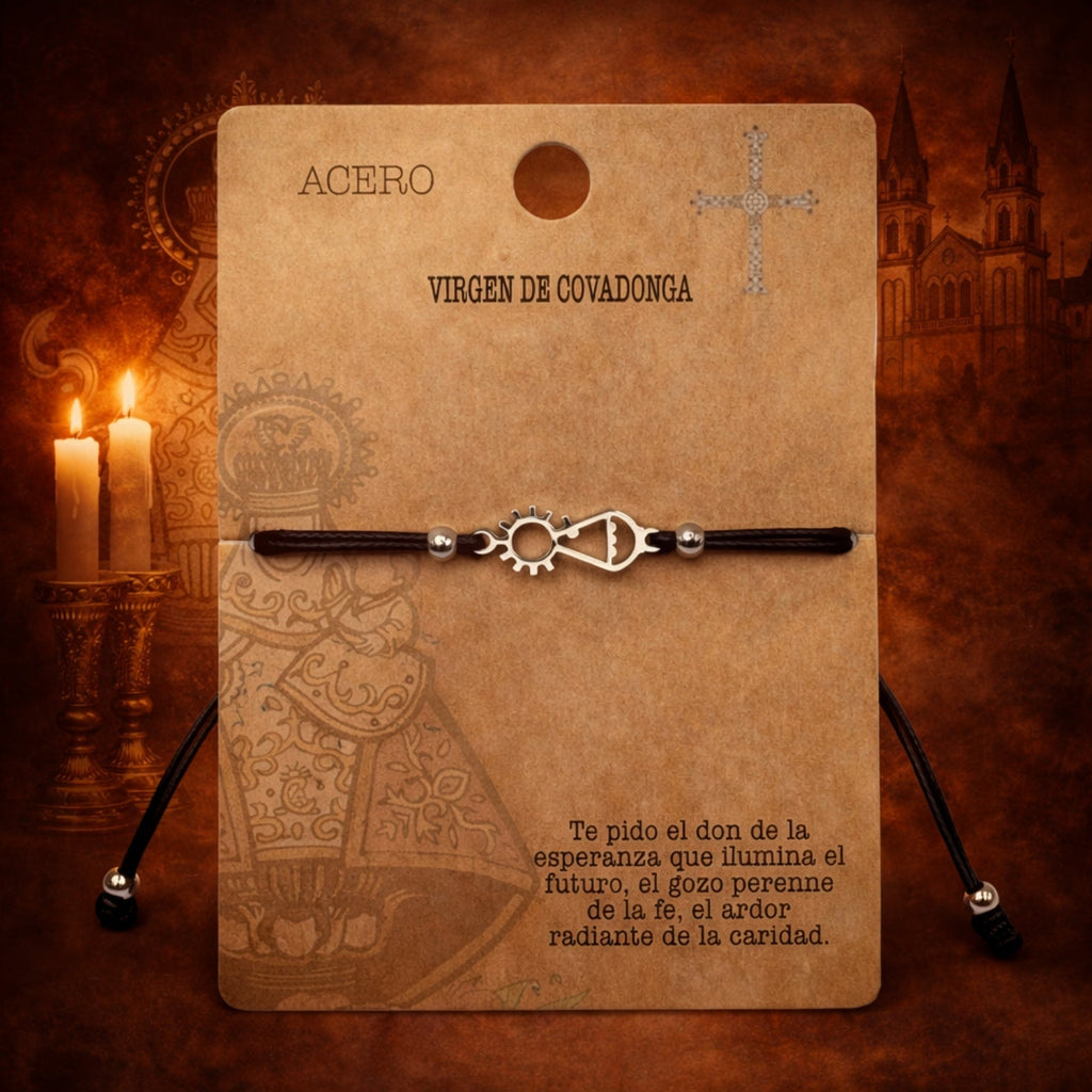 Pulsera Virgen de Covadonga con Hilo Negro en Acero Plateado cotigo