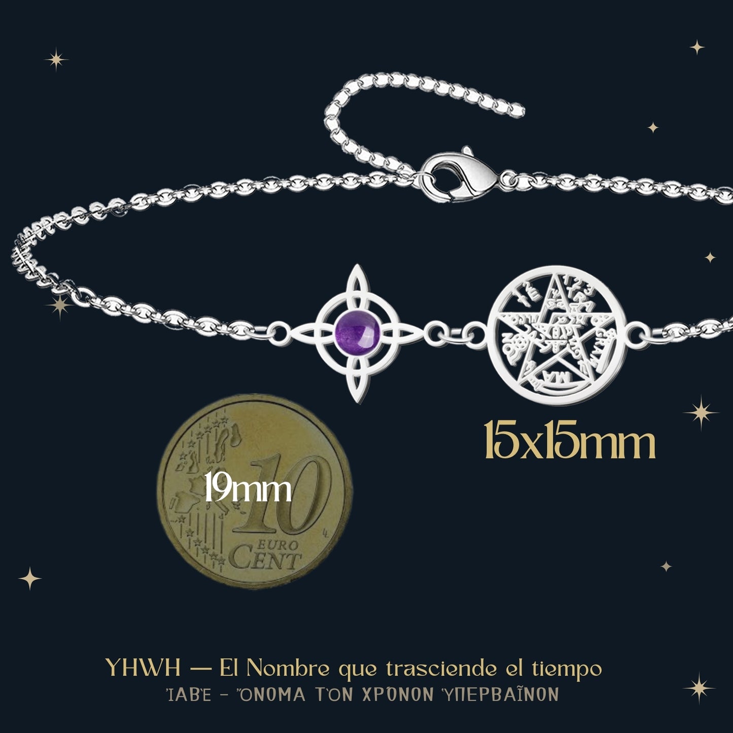 Colgante Tetragrammatón con Nudo de Bruja y Amatista – Amuleto de Protección y Serenidad en Acero Inoxidable