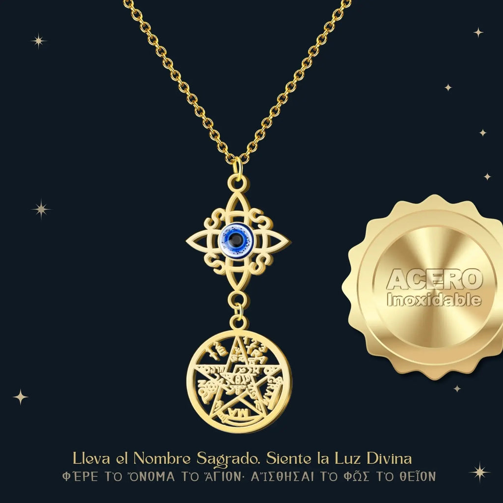 Colgante Tetragrammaton y Nudo de Bruja con Ojo Turco Acero Dorado - cotigo
