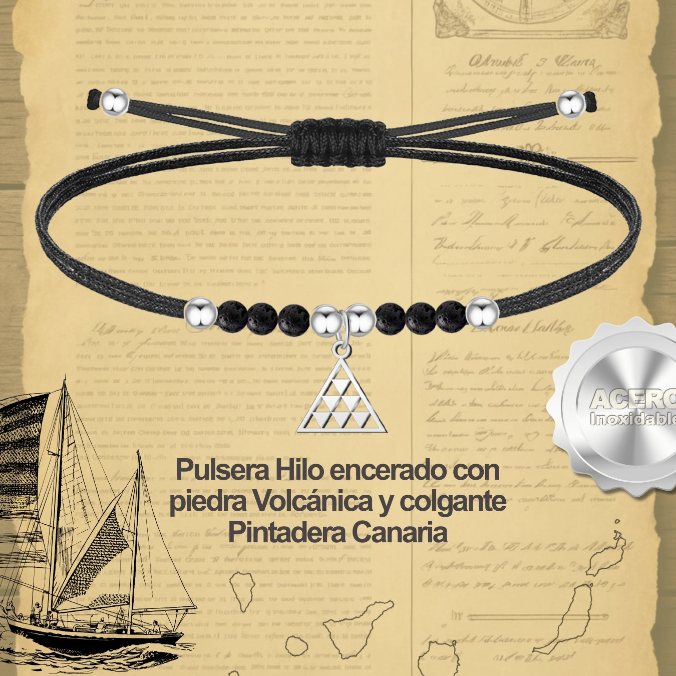 Pulsera Hilo Encerado con  Pintadera Canarias Acero Plateado