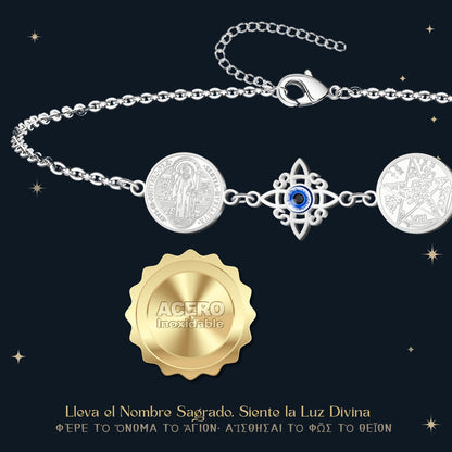 Pulsera Tetragrammaton con Nudo de Bruja y San Benito | Amuleto de Protección y Luz Divina en Acero Inoxidable