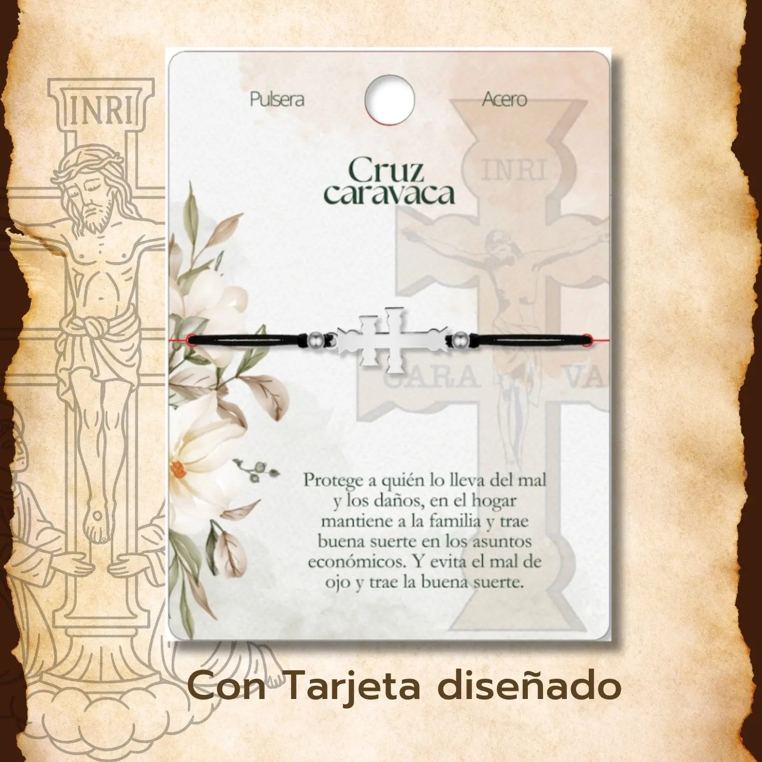 Pulsera Hilo Negro Cruz de Caravaca en Acero Plateado - cotigo