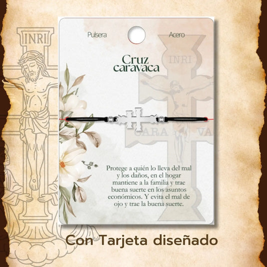 Pulsera Hilo Negro Cruz de Caravaca en Acero Plateado - cotigo