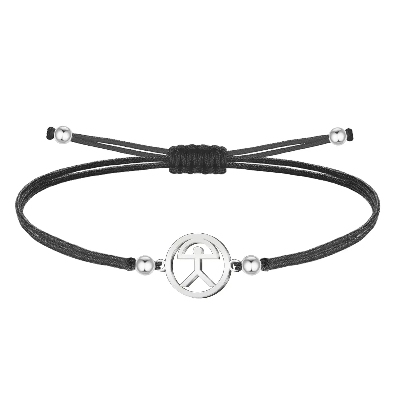 Pulsera con símbolo Indalo en acero plateado y hilo encerado negro ajustable
