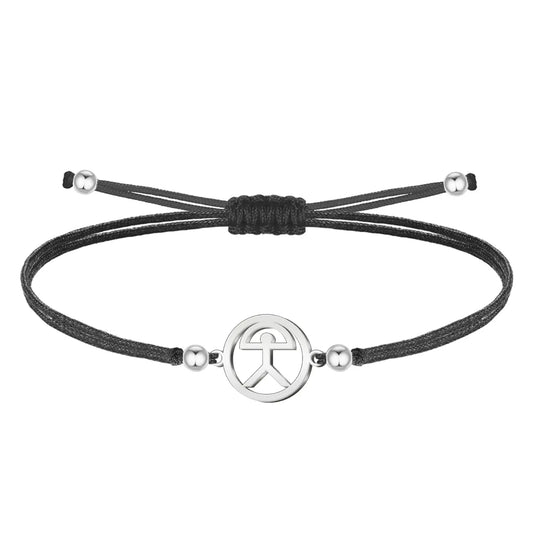 Pulsera con símbolo Indalo en acero plateado y hilo encerado negro ajustable