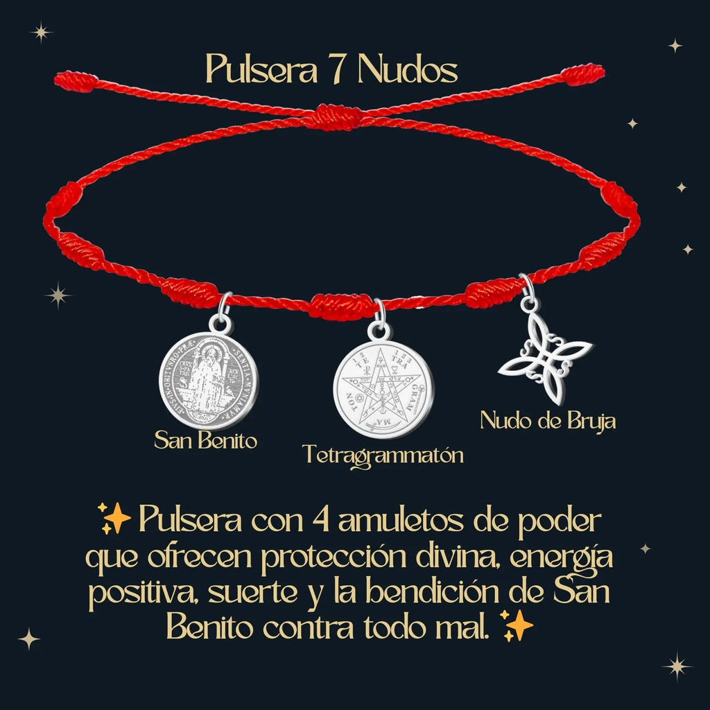 Pulsera 7 Nudos con Colgante Plateado: Tetragrammaton, Nudo de Bruja y San Benito - cotigo
