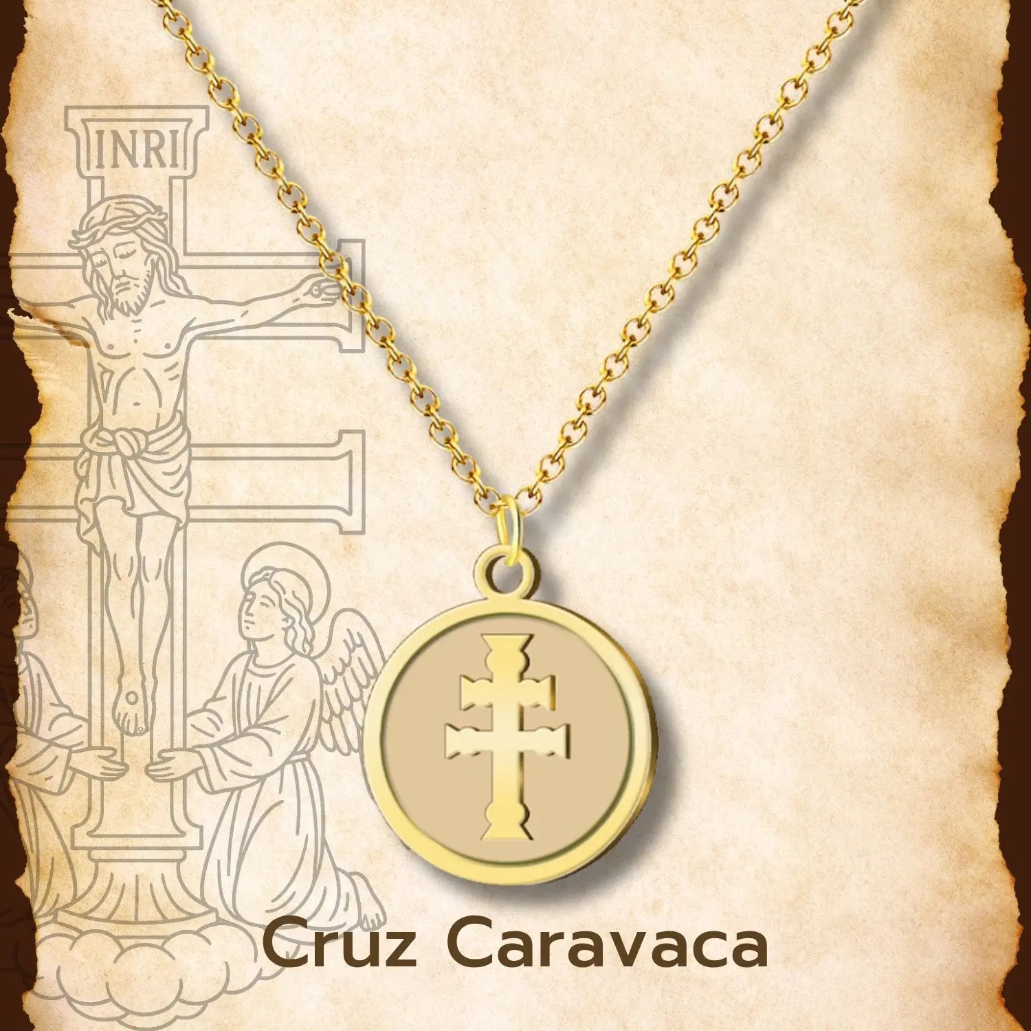 Medalla Cruz de Caravaca en Acero Dorado detalle
