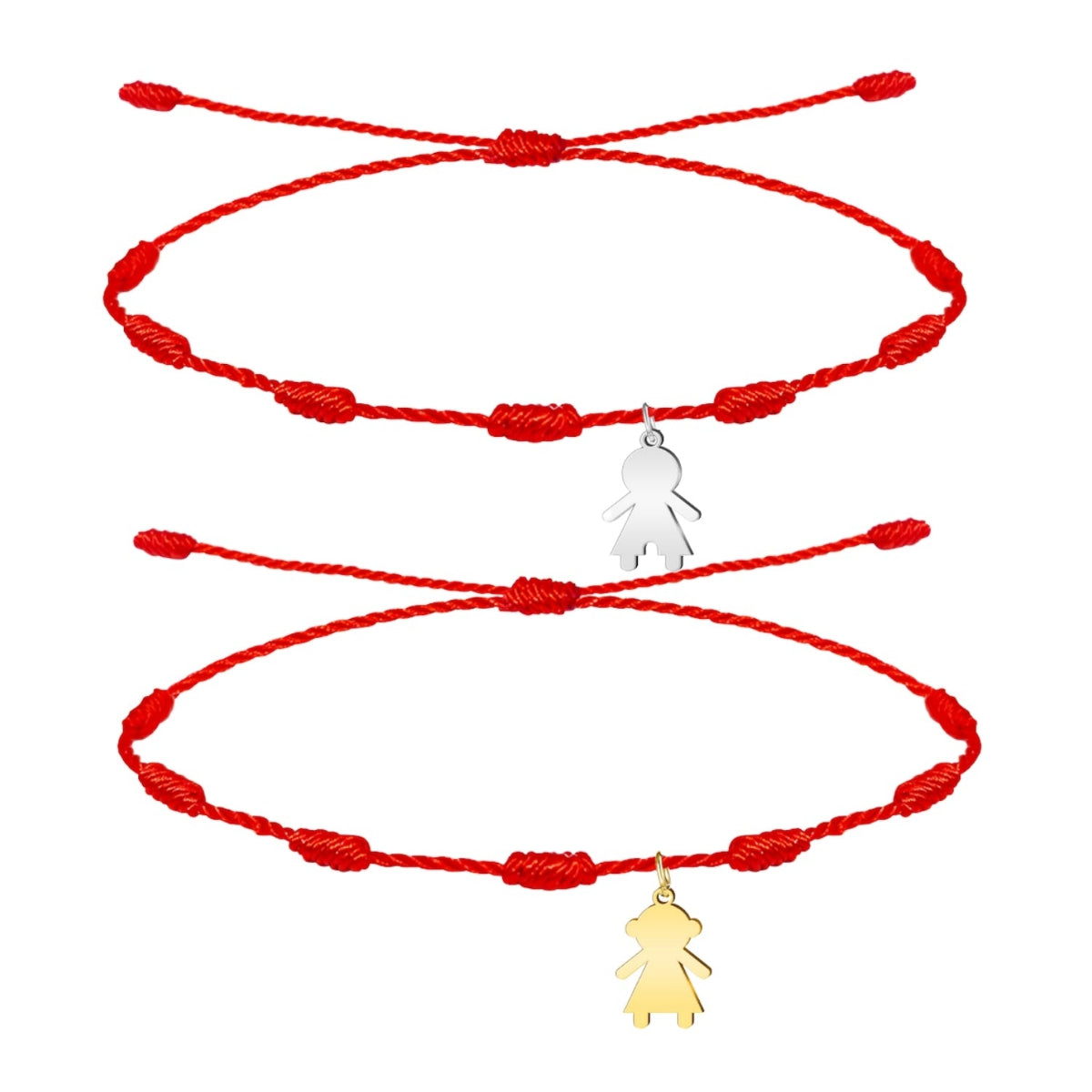 Pack de dos pulseras de hilo rojo de 7 nudos con charm de silueta femenina en acero y oro, regalo romántico ideal para San Valentín para parejas o mejores amigas.