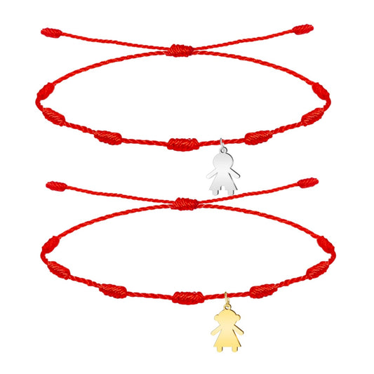 Pack de dos pulseras de hilo rojo de 7 nudos con charm de silueta femenina en acero y oro, regalo romántico ideal para San Valentín para parejas o mejores amigas.