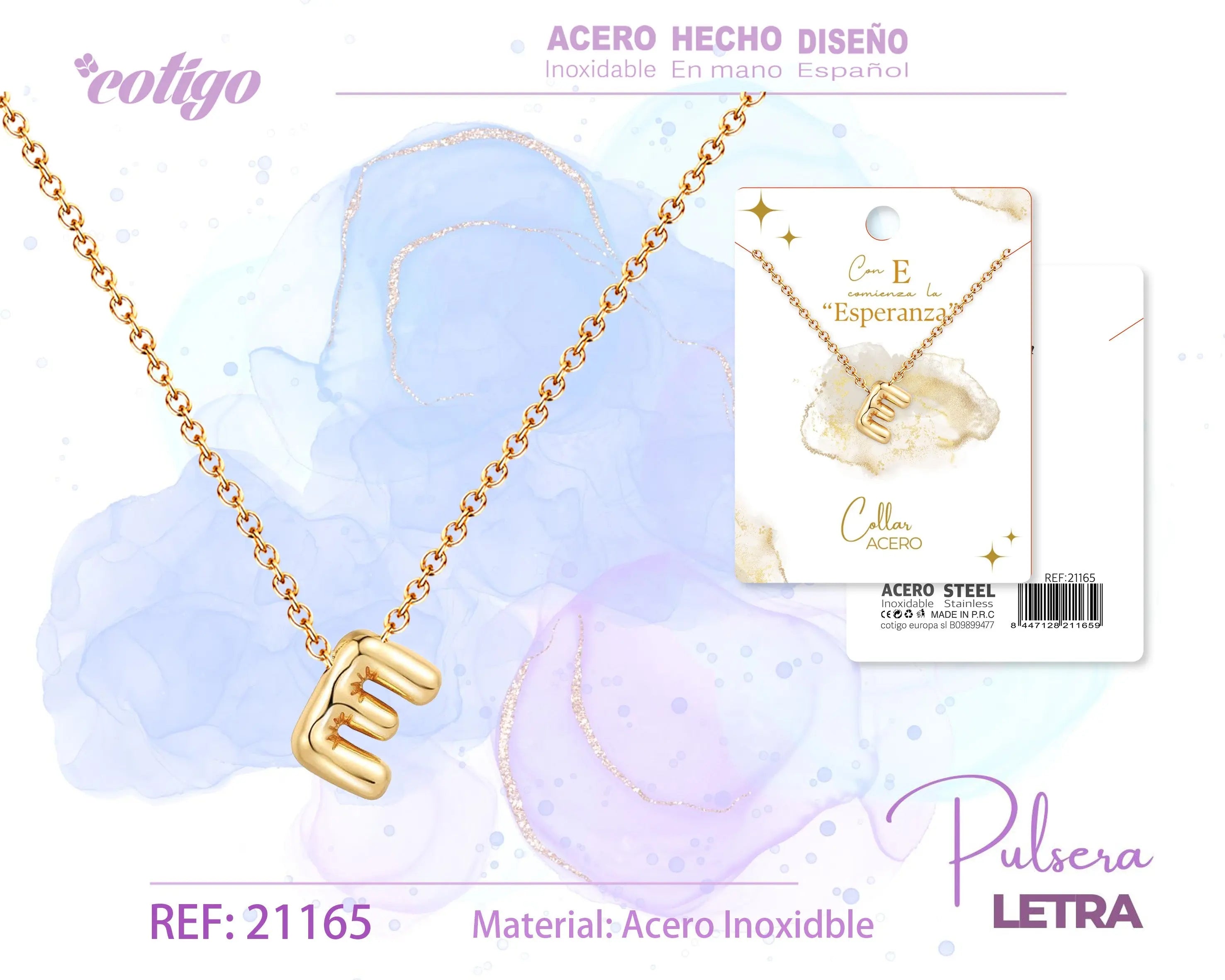 Collar Letra E Acero Dorado - cotigo