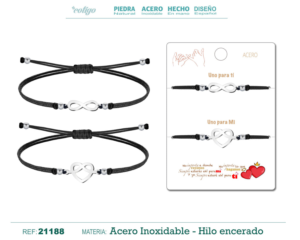 Pulsera de Hilo con Corazón e Infinito en Acero Inoxidable en acabado plateado – vista principal