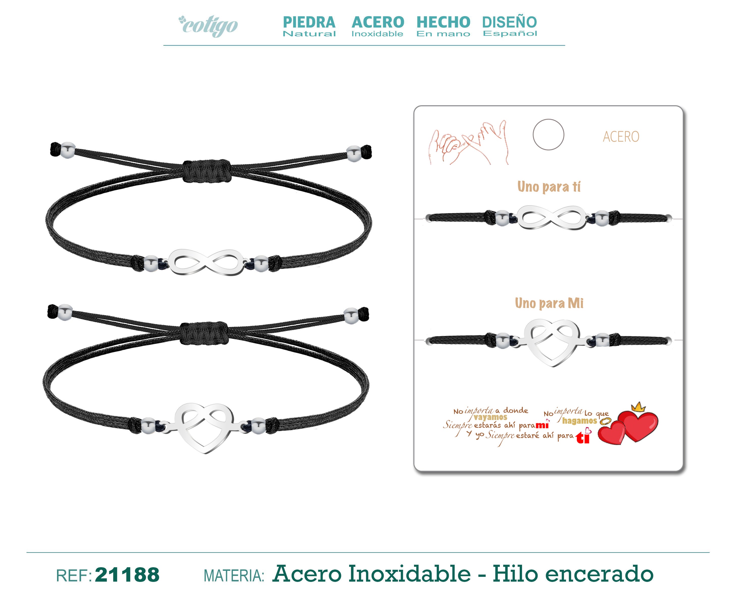 Pulsera de Hilo con Corazón e Infinito en Acero Inoxidable en acabado plateado – vista principal