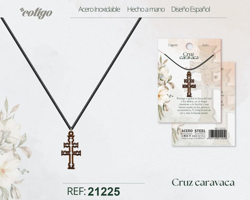 Colgante Cruz de Caravaca en Madera Natural y Acero - cotigo