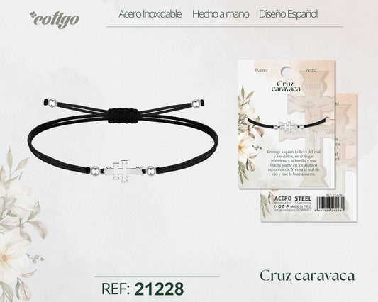 Pulsera Hilo encerado con Cruz Caravaca Acero Plateado
