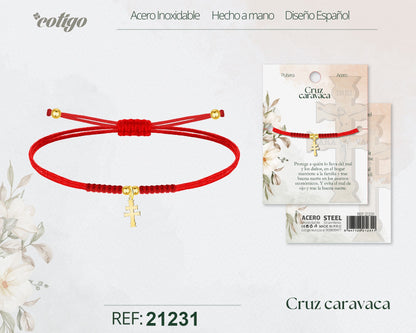 Pulsera Hilo encerado con Cruz Caravaca Acero Dorado