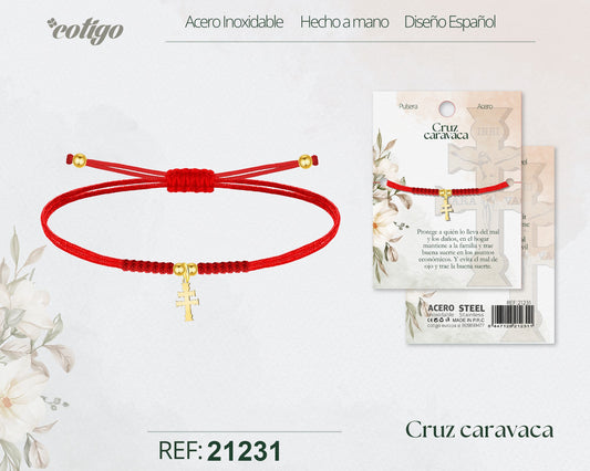 Pulsera Hilo encerado con Cruz Caravaca Acero Dorado
