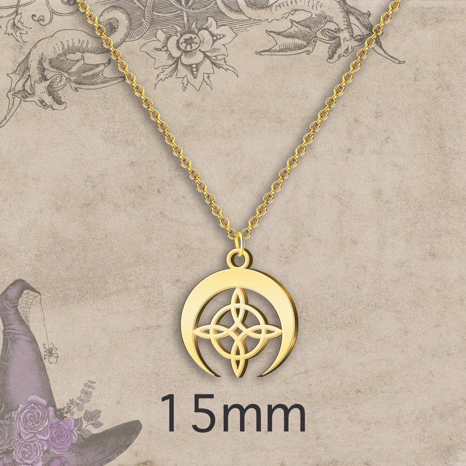 Collar Nudo de Bruja con Luna en Acero Inoxidable Dorado - cotigo