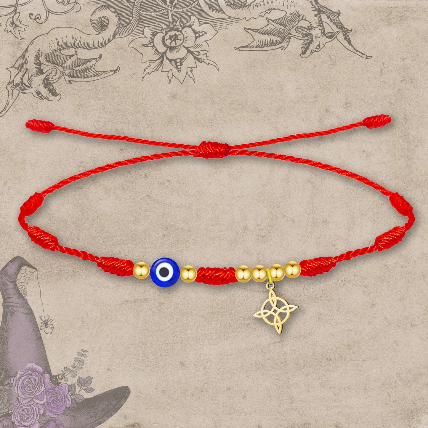 Pulsera 7 nudos con Colgante Nudo bruja Acero Inoxidable color Dorado