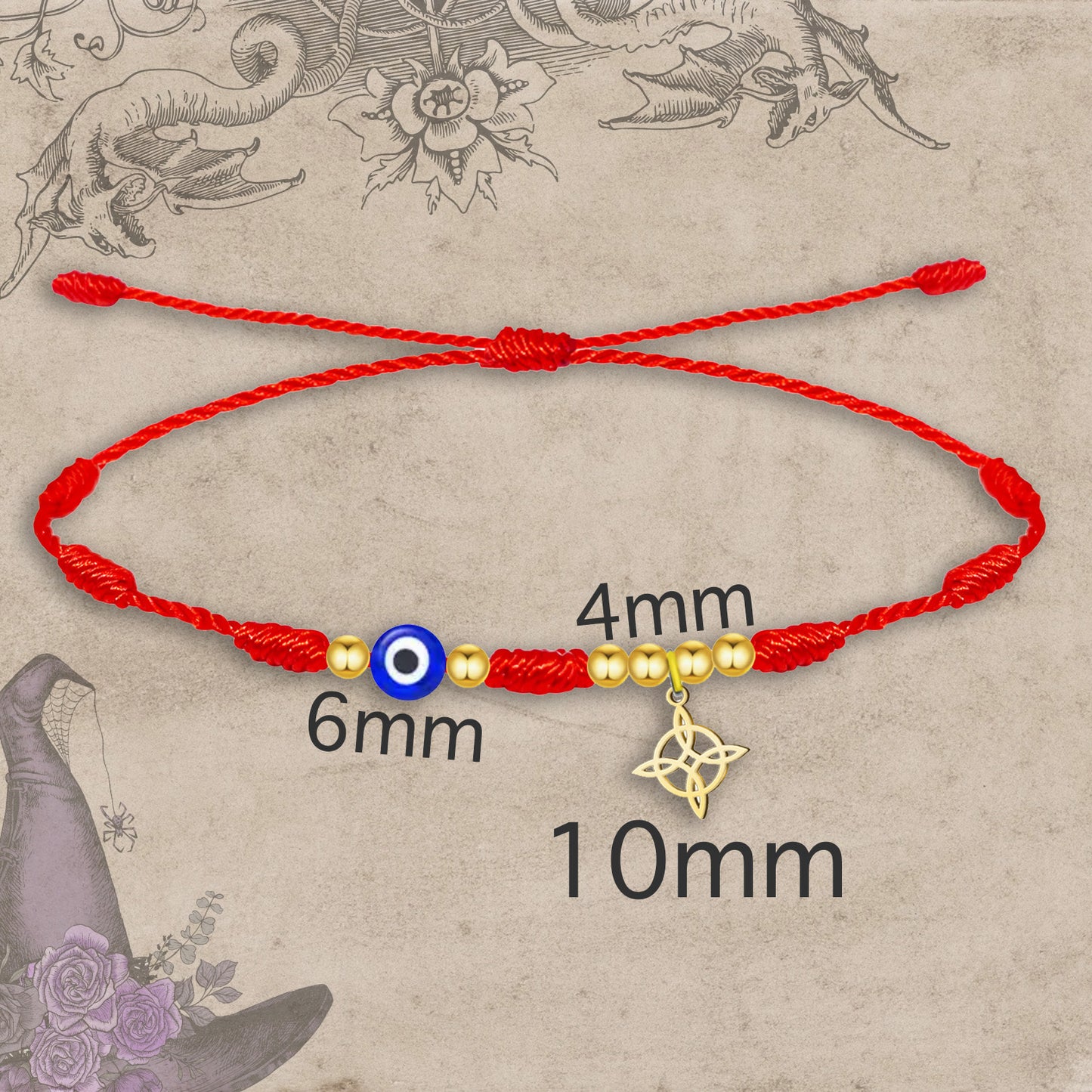 Pulsera 7 nudos con Colgante Nudo bruja Acero Inoxidable color Dorado
