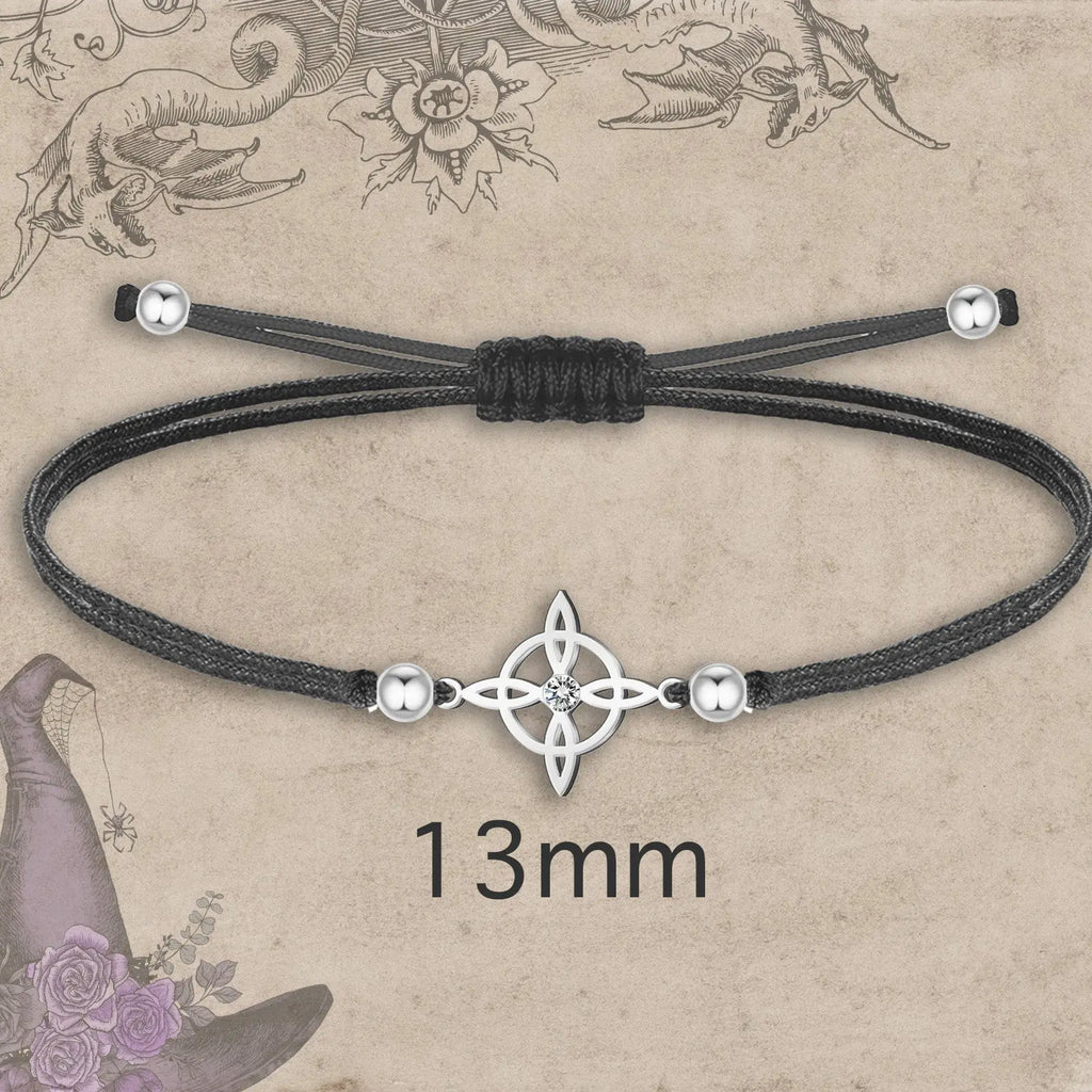 Pulsera Nudo de Bruja con Hilo Negro en Acero Plateado acabado