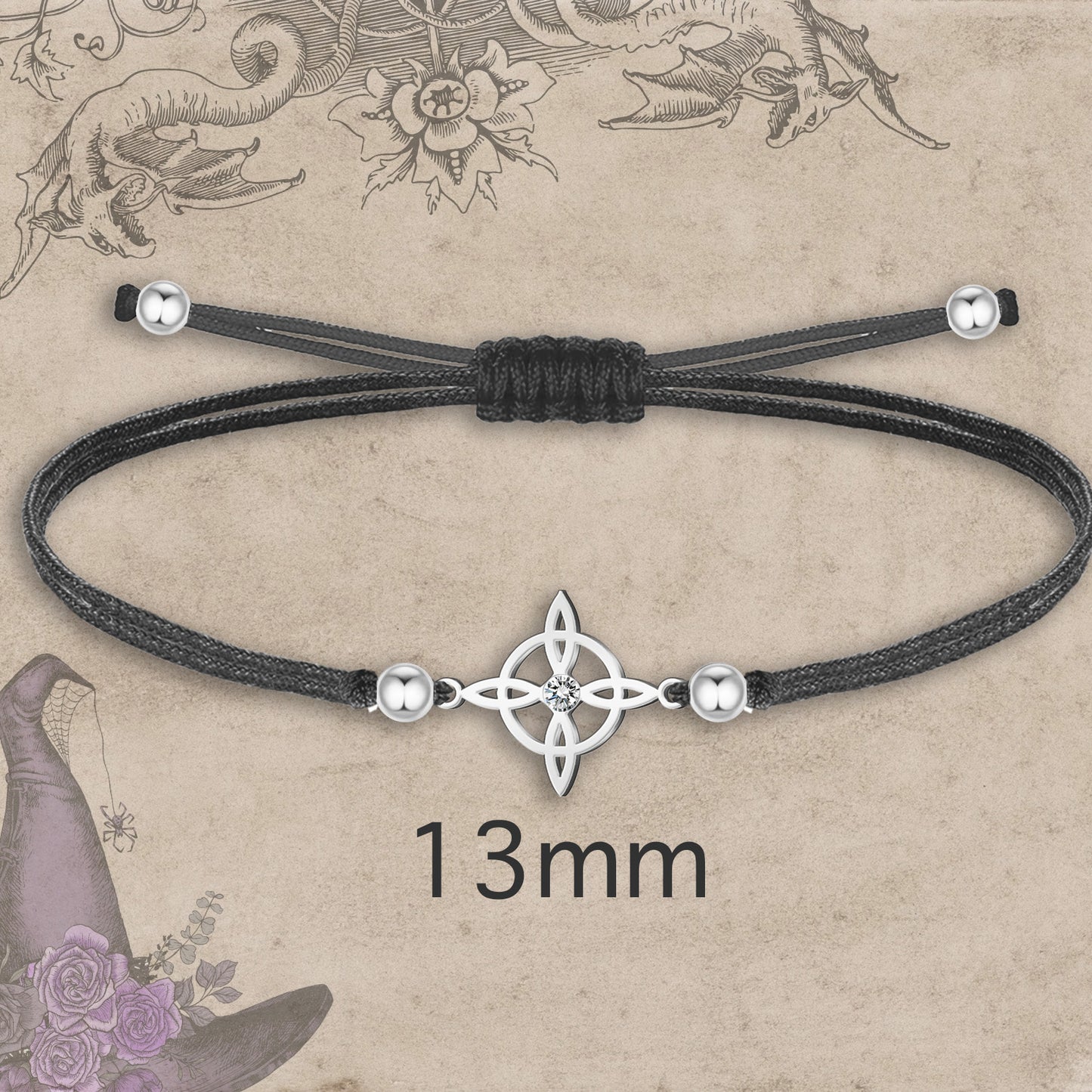 Pulsera Hilo Encerado con Nudo bruja Acero Inoxidable color Plateado