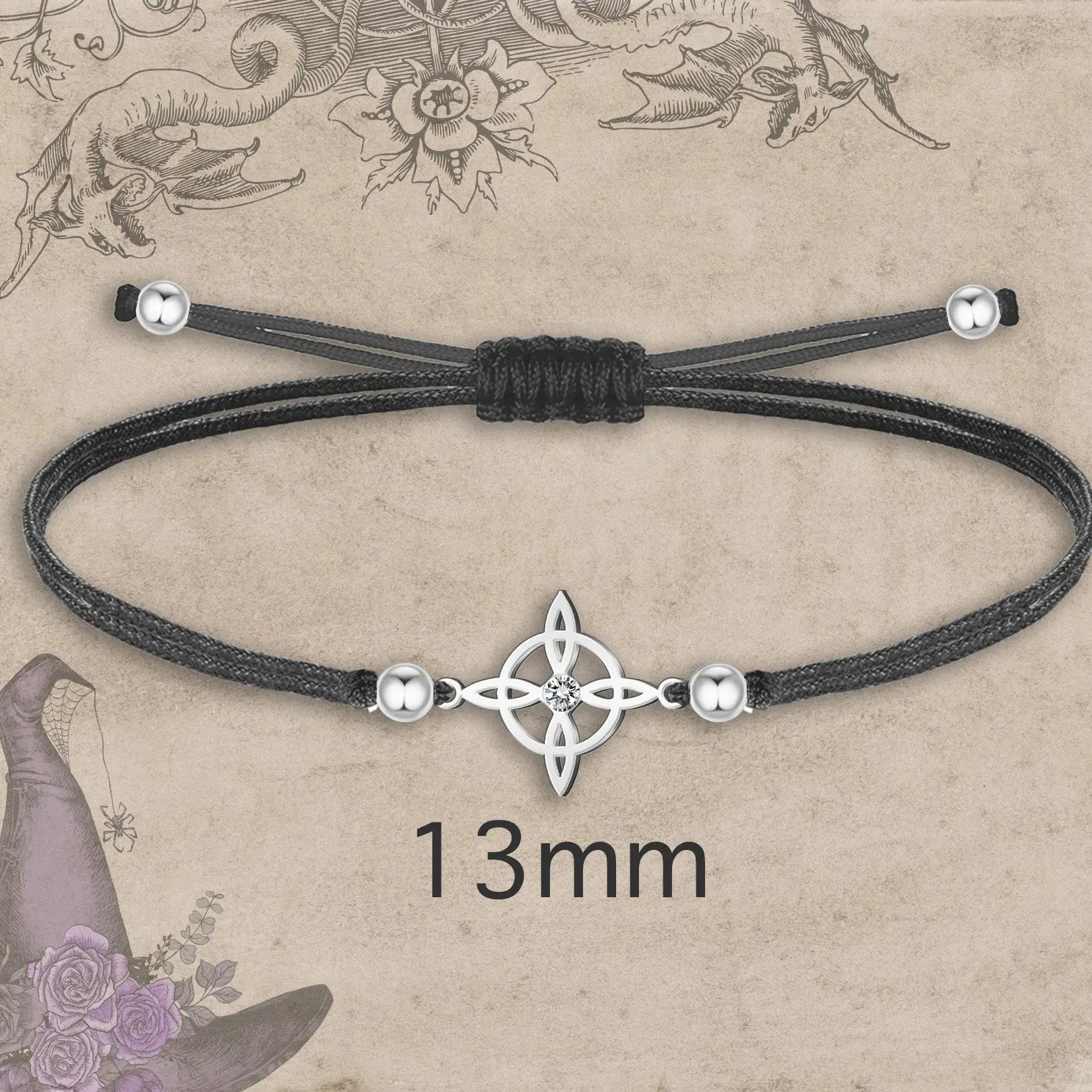Pulsera Hilo Encerado con Nudo de Bruja Acero Inoxidable Plateado - cotigo