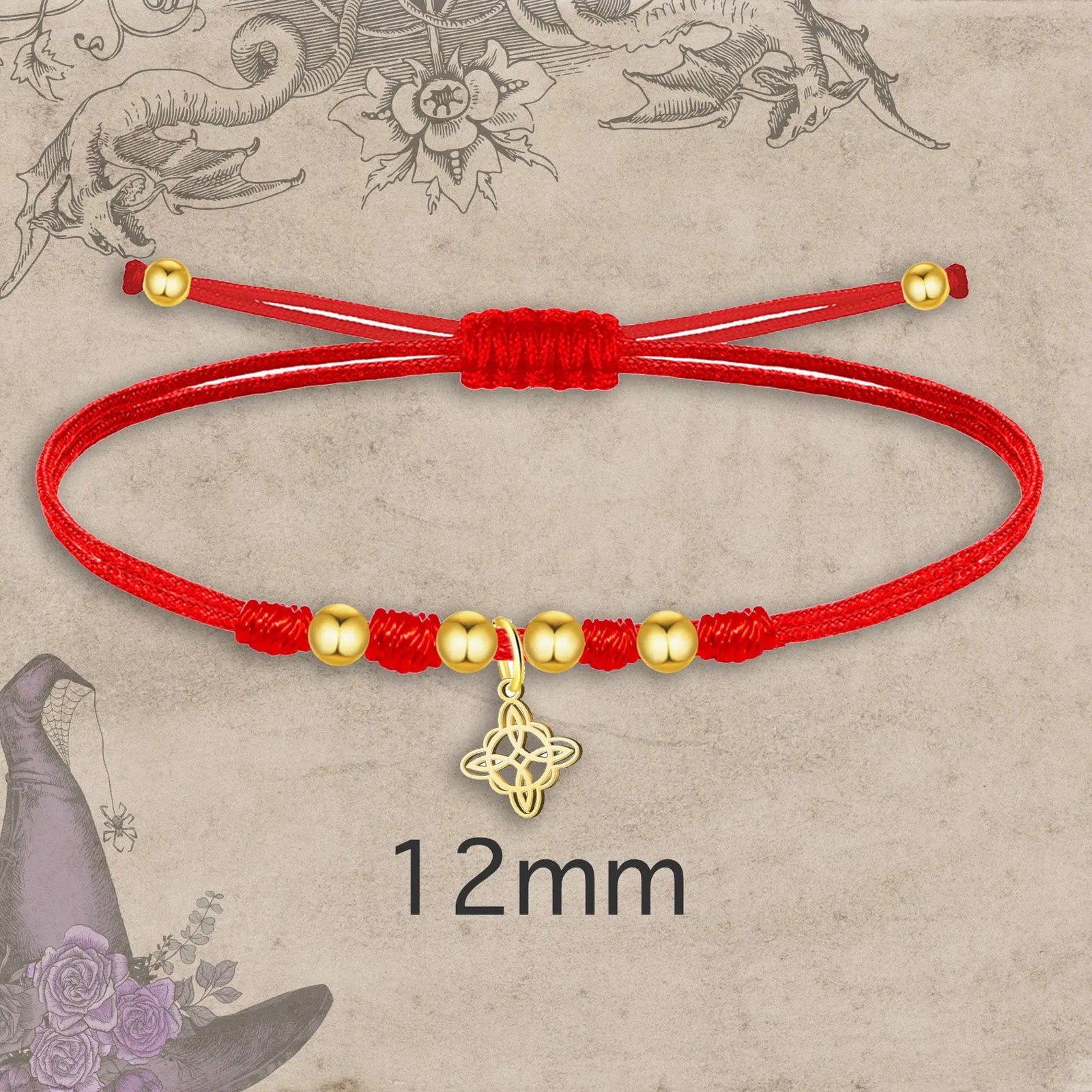 Pulsera Nudo de Bruja con Hilo Rojo en Acero Dorado acabado