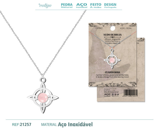 Colgante Nudo bruja Acero con Cuarzo Rosa