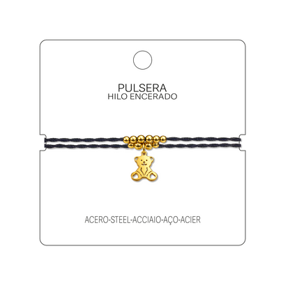 Pulsera Hilo encerado con Colgante Oso en Acero Dorado