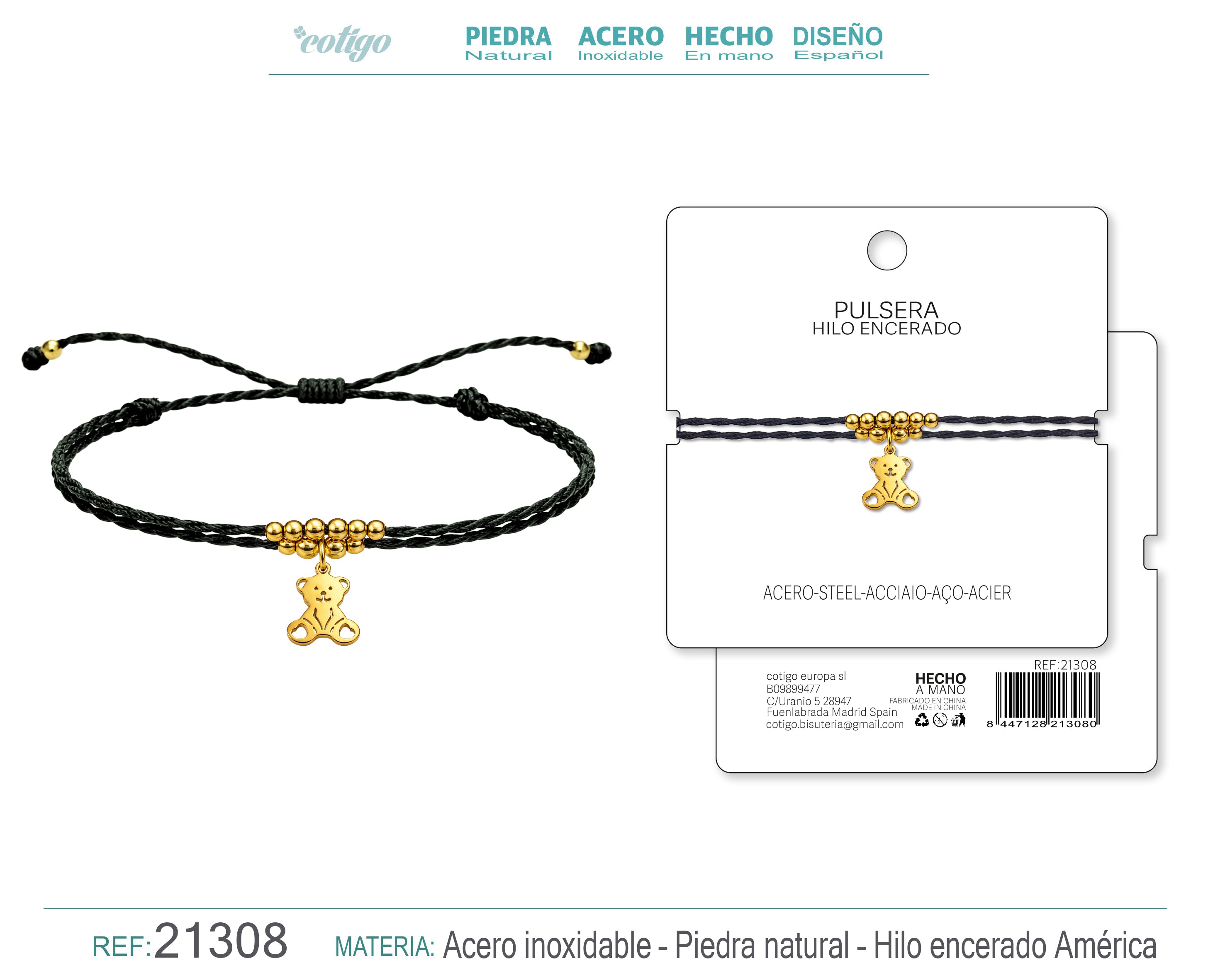 Pulsera Hilo encerado con Colgante Oso en Acero Dorado cotigo