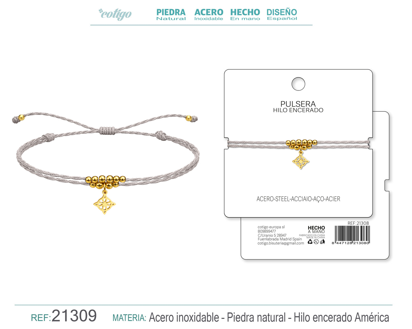 Pulsera Hilo encerado con Colgante Nudo de Bruja en Acero Dorado