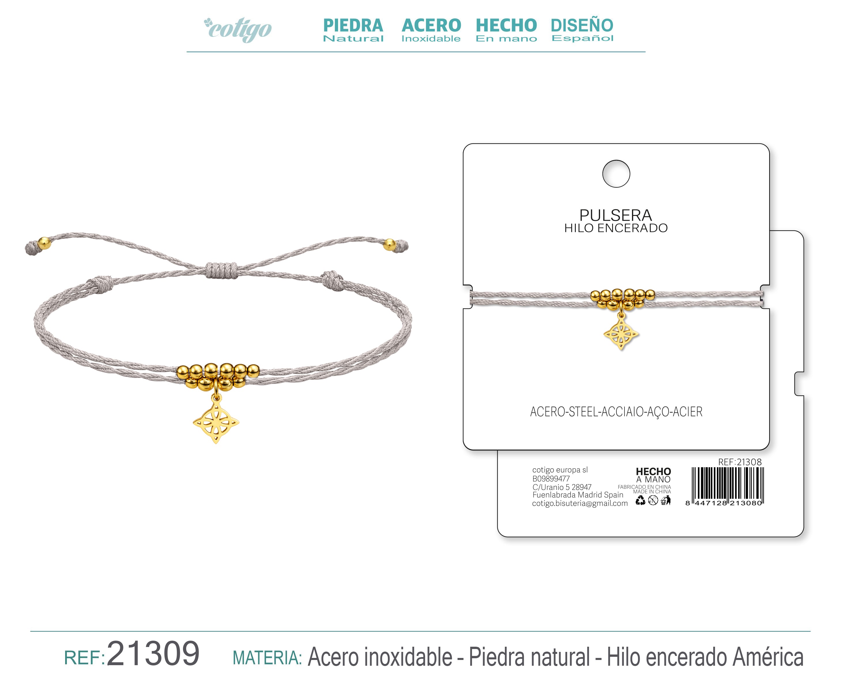 Pulsera Hilo encerado con Colgante Nudo de Bruja en Acero Dorado cotigo