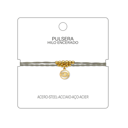Pulsera Hilo encerado con Colgante Ojo Turco en Acero Dorado