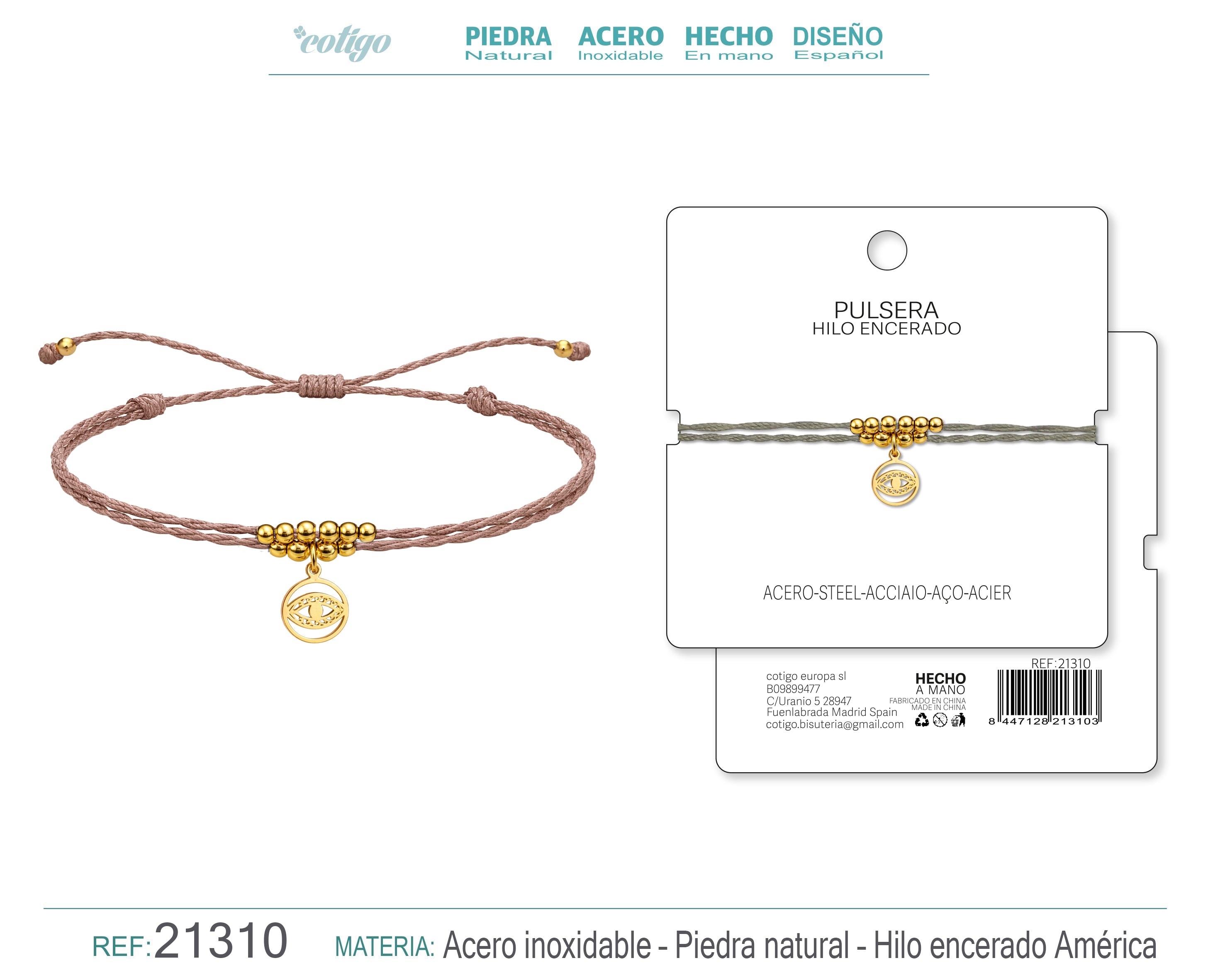 Pulsera Hilo encerado con Colgante Ojo Turco en Acero Dorado cotigo