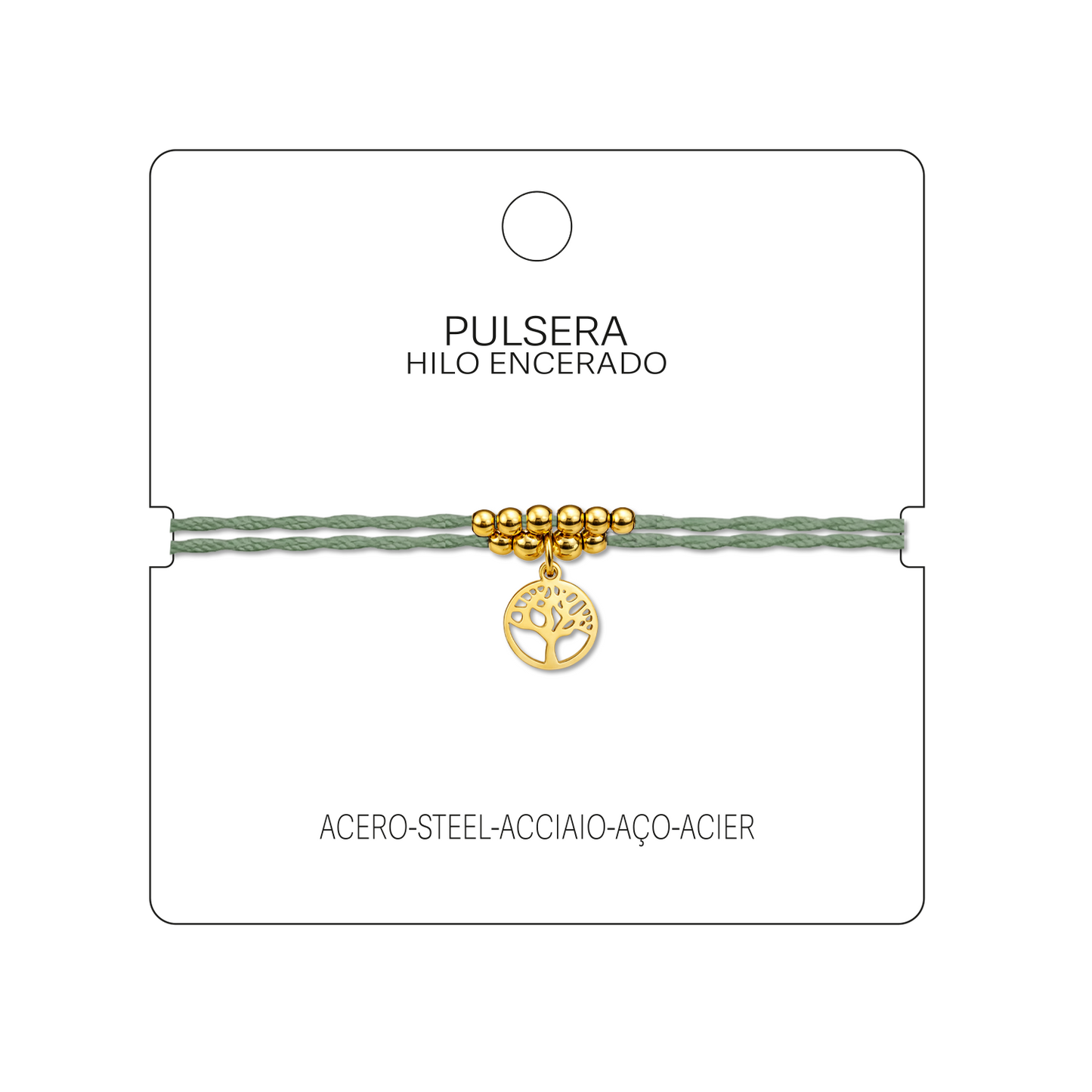 Pulsera Hilo encerado con Colgante Arbol de Vida en Acero Dorado
