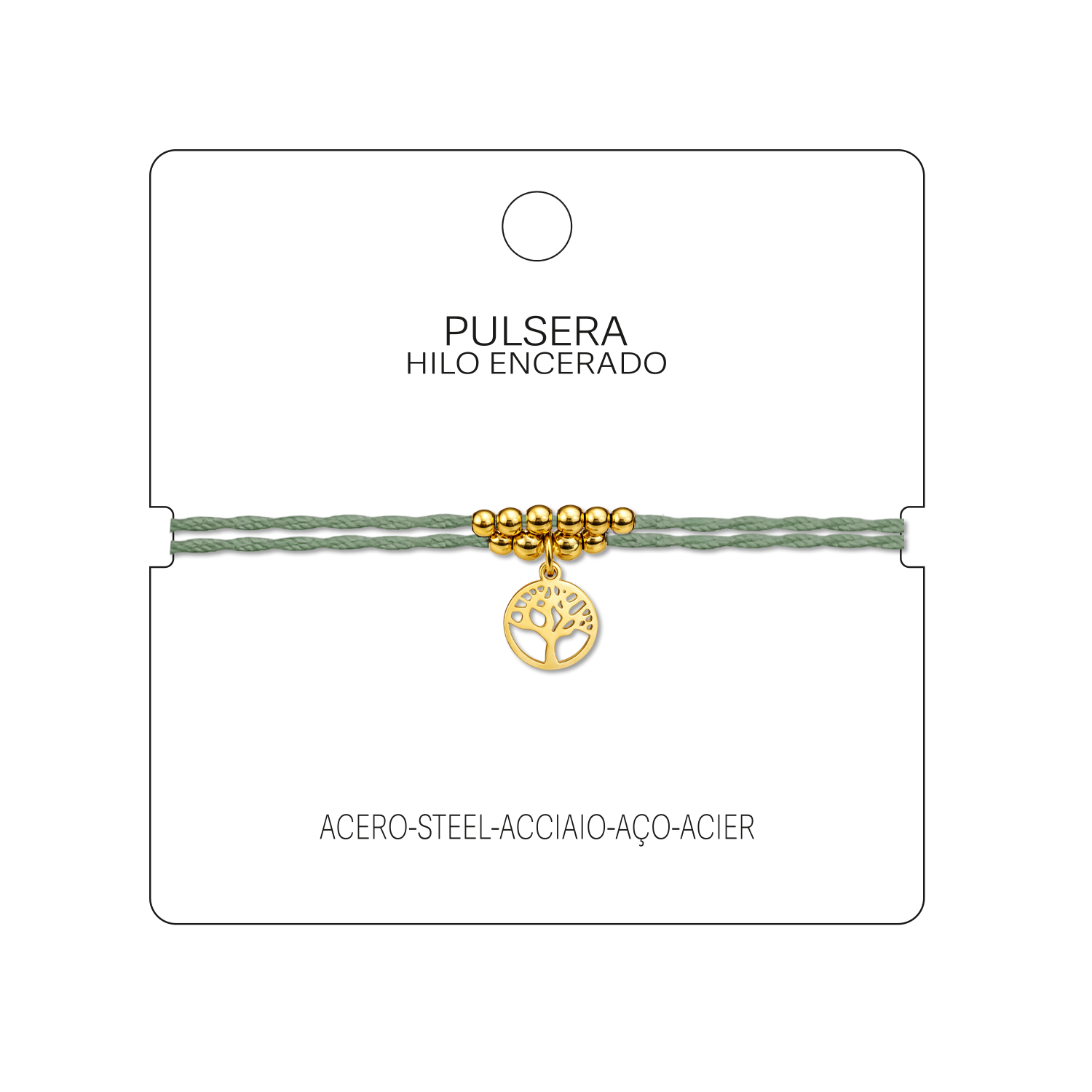 Pulsera Hilo encerado con Colgante Arbol de Vida en Acero Dorado cotigo
