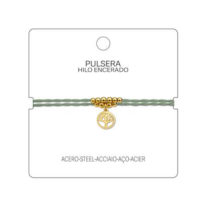 Pulsera Hilo encerado con Colgante Arbol de Vida en Acero Dorado